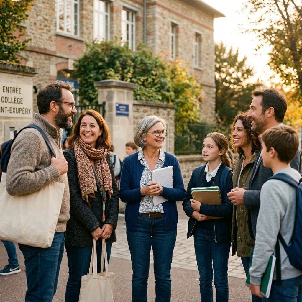 Parents et enfants échangeant devant l'entrée d'un collège